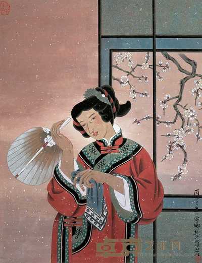 胡宁娜 1996年作 帘窗落梅图 镜心 84×64cm